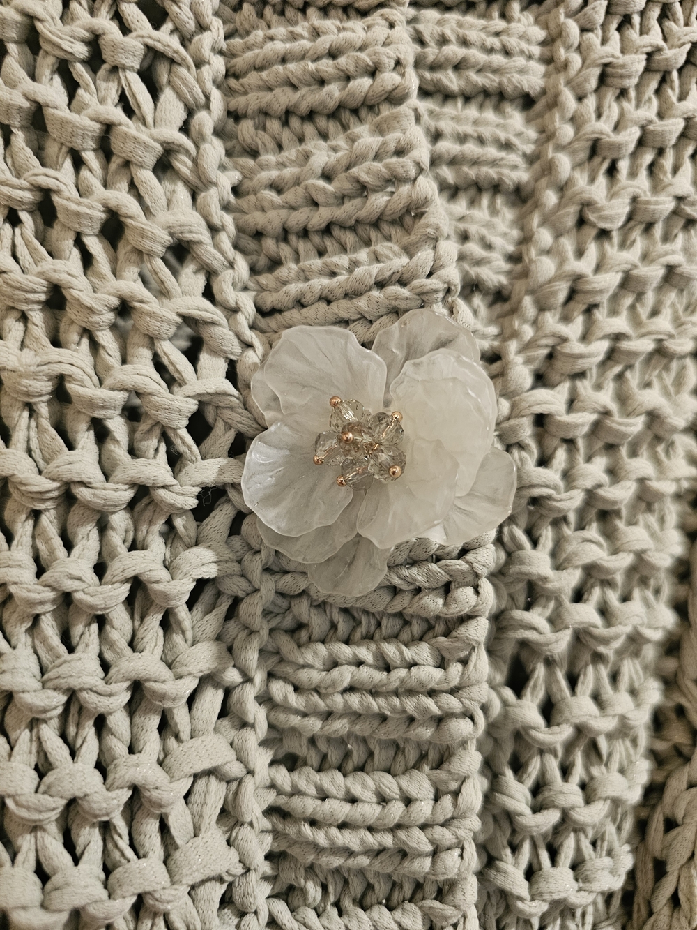 Zara Cream Flower Brooch on Knit Cardigan